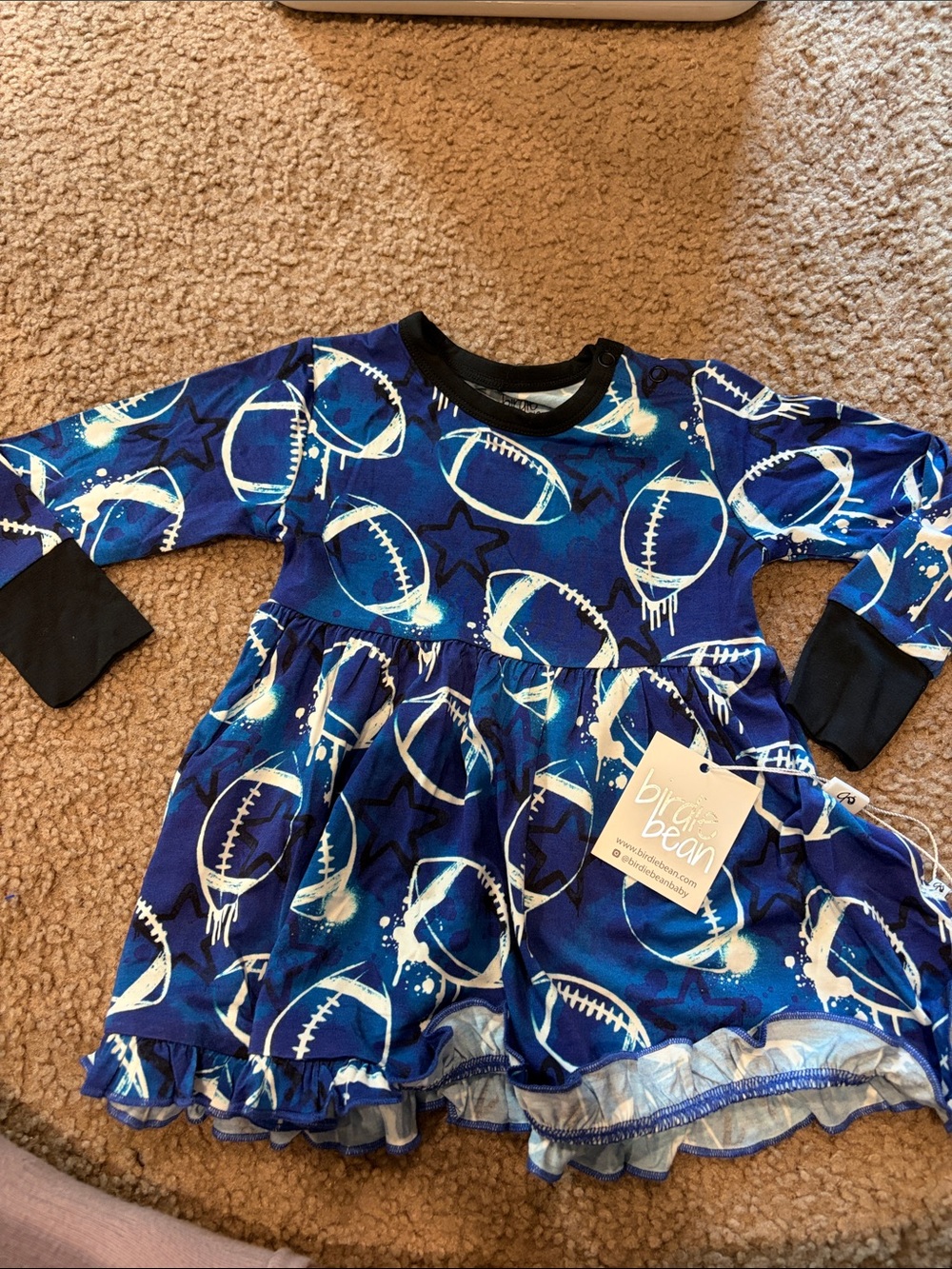 B32 Birdie Bean NWT Blue Football-Print Long Sleeve Bamboo Dress, 18-24